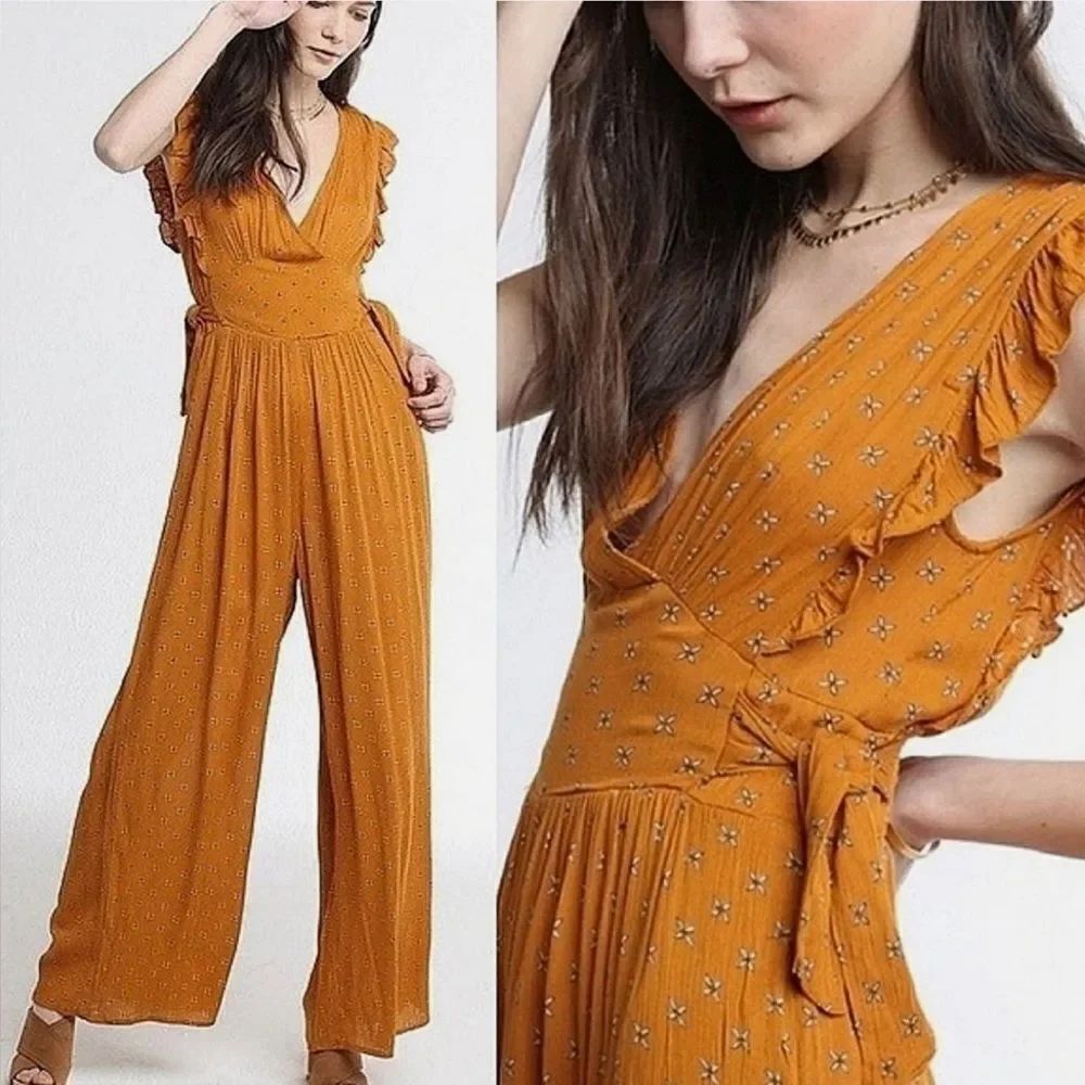 Patrons of Peace Floral Mustard Jumpsuit Women's M Boho Retro ruffle sleeves